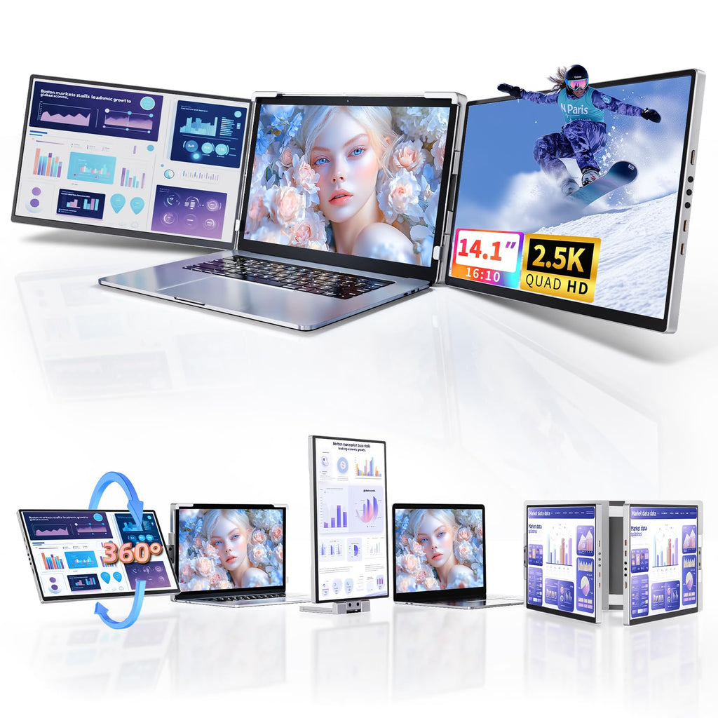 Pitycbo Laptop Screen Extender Monitor Portable - 2.5K Triple Laptop Screen Extender Plug and Play Multiple Screens Extended Fits 13-17.3 Inch Laptops Compatible with Mac Windows Chrome Dex