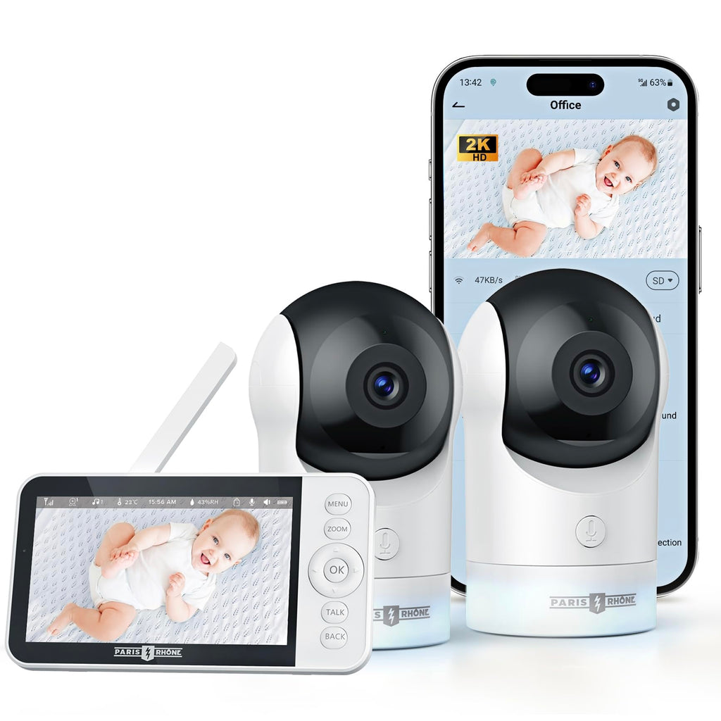 PARIS RHÔNE Split-Screen Baby Monitor 5” Smart Video Baby Monitor with App Control Two 2K UHD WiFi Cameras Night Vision Motion & Cry Detection AI Tracking RGB Night Light Lullabies Blue